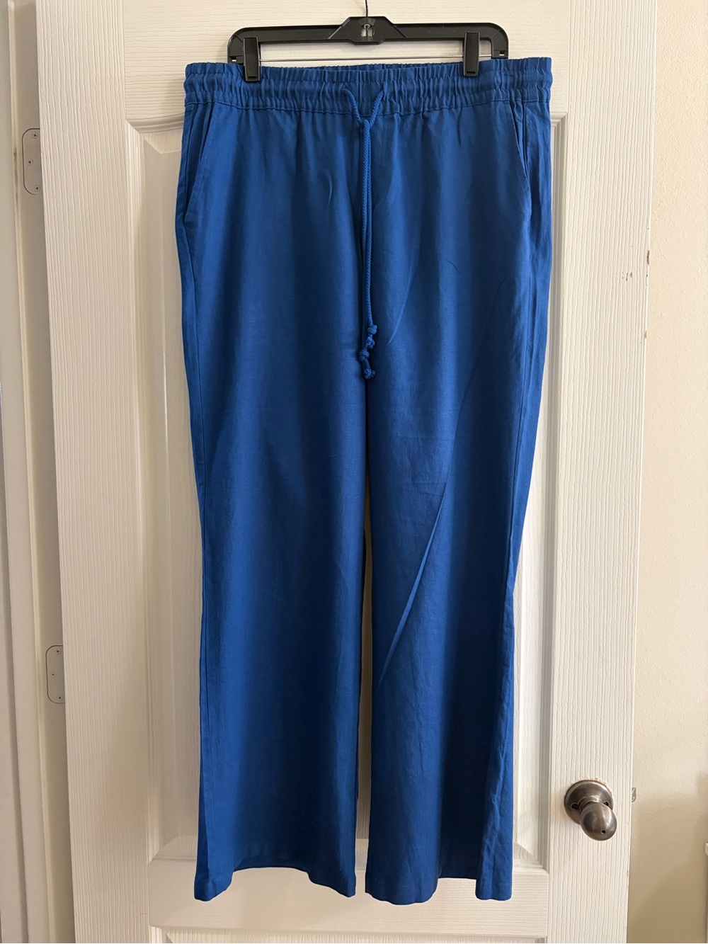 New York & Company Linen Blend Wide Leg Pants Blue Drawstring Elastic Waist